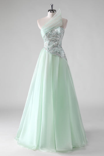 Paillettes vert clair Une ligne Bretelle froncée robe d’invitée de mariée